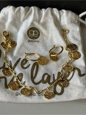 Gorjana Shiny Gold Coin Charm Bracelet with Matching Hoop Coin Earrings